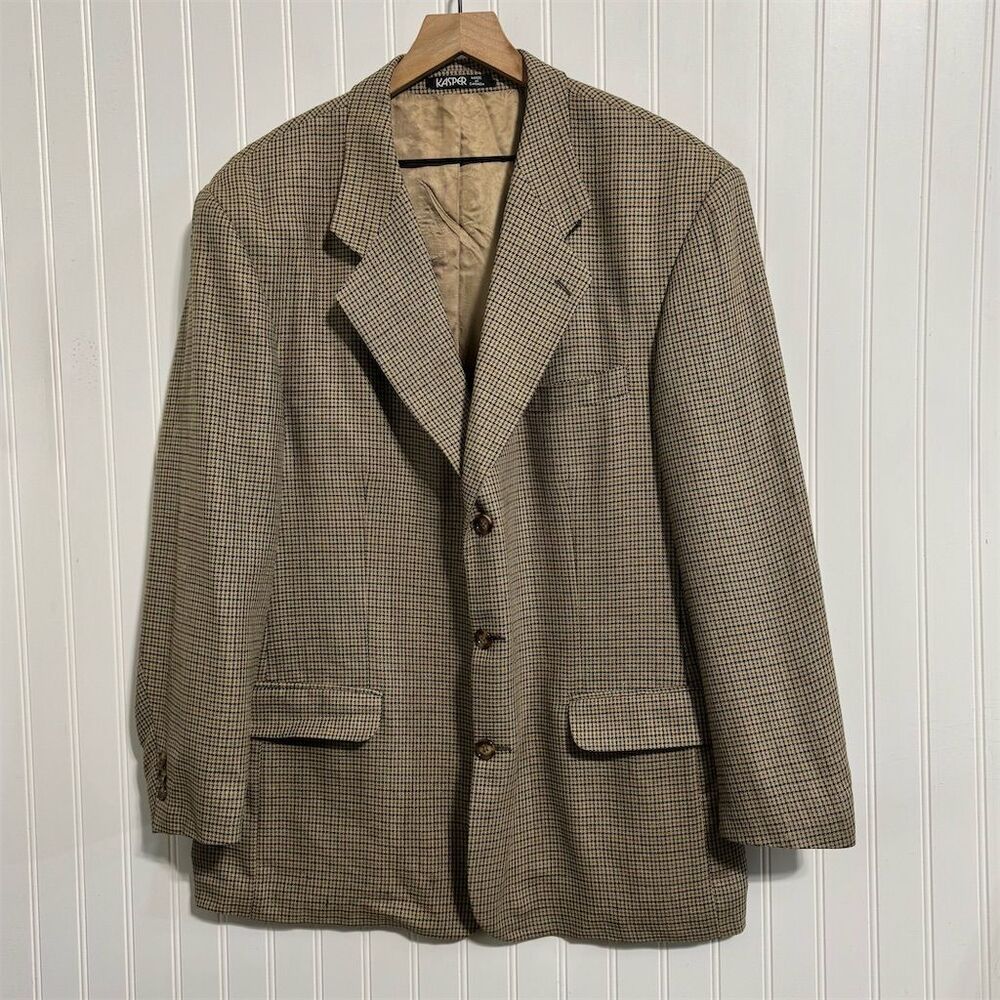Kasper 46 Virgin‎ Wool Blazer Jacket Brown Houndstooth Tweed Dark Academia Vtg